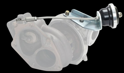 Turbosmart IWG75 black wastegate actuator with linkage, mounted on translucent turbo housing