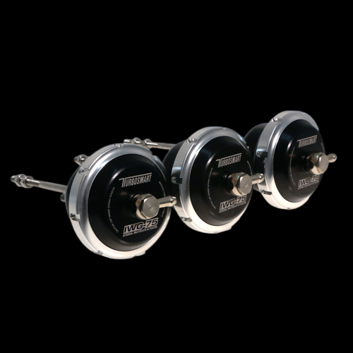 Three Turbosmart IWG75 wastegate actuators in black and silver, angled view showing rods and fittings