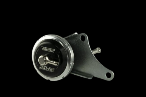 Turbosmart IWG75 internal wastegate actuator, black canister with mounting bracket, angled front view