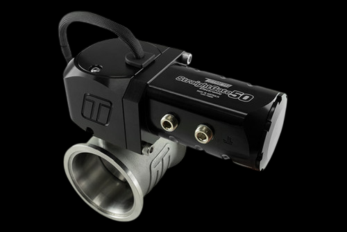 Turbosmart ESG50 electronic wastegate, side angle showing actuator, ports, and steel valve body