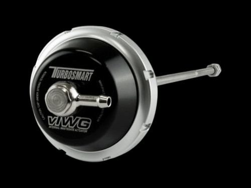 Turbosmart vIWG wastegate actuator, front angle showing black canister, hose fitting, and extended rod