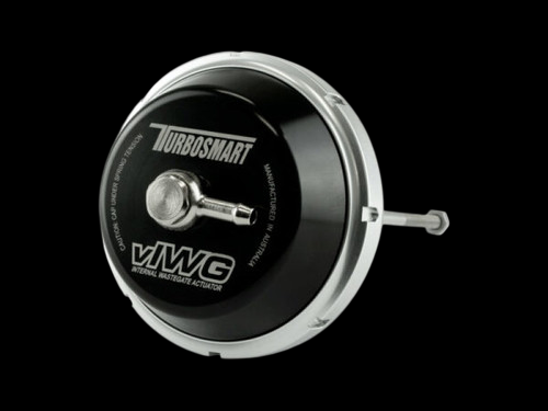 Turbosmart vIWG wastegate actuator, black canister with chrome band, angled front view showing rod fitting