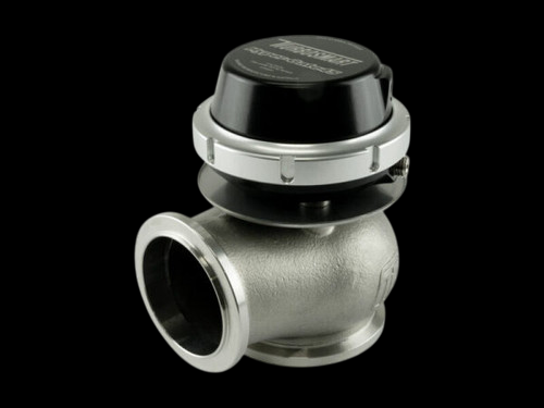 Turbosmart WG45 Hyper-Gate 45 wastegate, black cap, side view showing v-band flange and inlet.