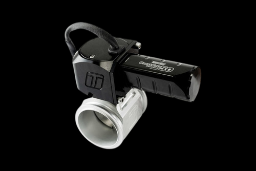 Turbosmart eBG50 Electronic BoostGate in black, angled view showing top solenoid, wastegate body and silver flange.