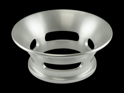 Turbosmart BG50 BoostGate Trumpet, angled top view showing flared bowl and slotted base on black background