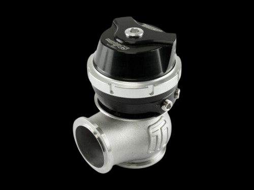 Turbosmart HyperGate45 external wastegate, side angle, black actuator cap and silver clamp band body