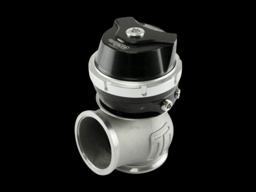 Turbosmart GenV WG50CG ProGate50 external wastegate, black top, side view showing inlet flange and clamp