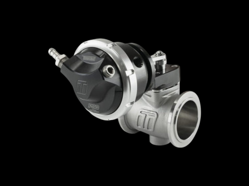 Turbosmart PSG40 pneumatic straight gate wastegate, black actuator, side angle view with fittings