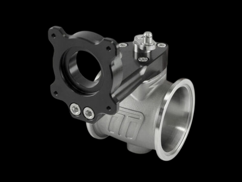 Turbosmart BMW MSG50 Modular StraightGate50 wastegate, angled view showing black flange, silver body and outlet