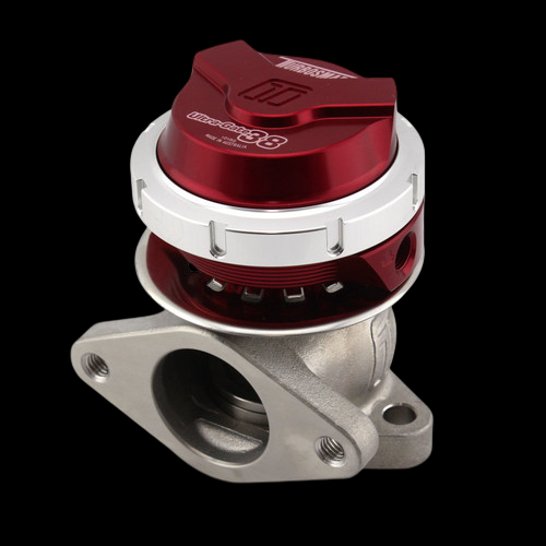 Turbosmart WG38 Gen V Ultragate 38 wastegate, red cap and body, angled view showing mounting flange