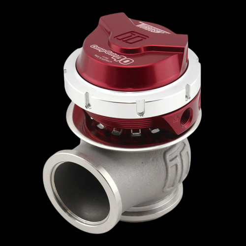 Turbosmart WG40 Gen V Comp-Gate 40mm wastegate, red top, angled view showing v-band inlet and outlet flanges
