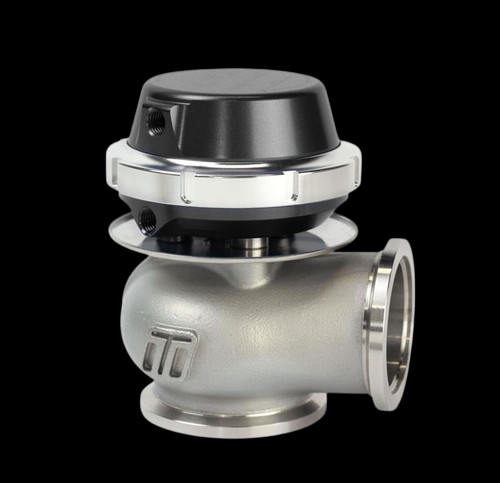 Turbosmart Gen4 CompGate40 wastegate, black actuator cap, side view showing V-band flanges and inlet ports.