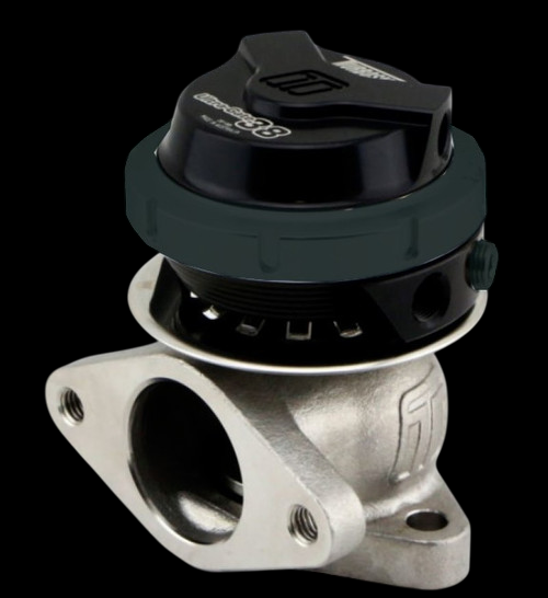 Turbosmart WG38 Gen V Ultragate 38 wastegate, black top cap, angled view showing flange and ports
