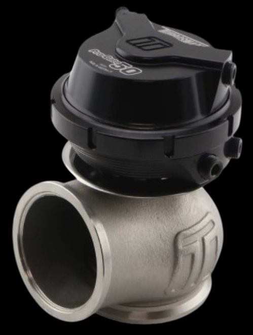 Turbosmart WG50 Pro-Gate 50 external wastegate, front angle showing stainless body and black actuator cap