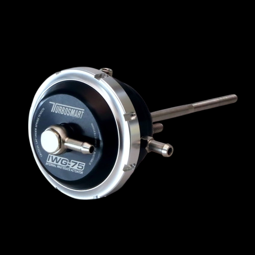 Turbosmart IWG75 internal wastegate actuator, angled view showing black canister, port fittings and 160mm rod.