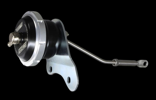Turbosmart internal wastegate actuator with silver bracket, black canister, and adjustable rod, side view