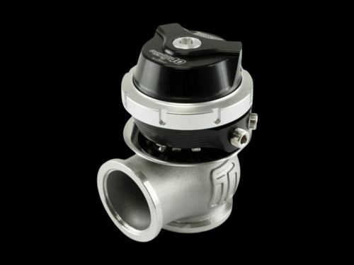 Turbosmart GenV WG40CG CompGate40 external wastegate, black top, side view showing inlet flange and fittings