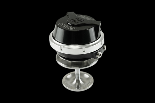 Turbosmart GVA60 wastegate actuator in black, front angle on round mounting flange, 14psi
