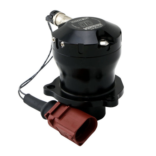 Turbosmart Kompact EM diverter valve, black body, front angle, red electrical connector visible