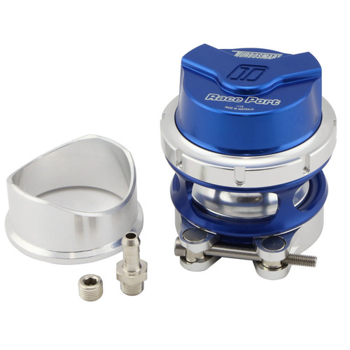 Turbosmart BOV Race Port Gen V blue blow off valve with polished weld collar, fittings and hardware shown