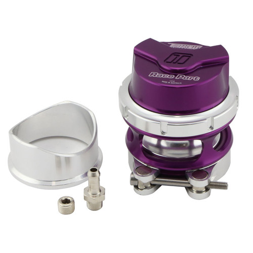 Turbosmart Gen V Race Port BOV in purple, showing valve body, weld-on flange, and fittings