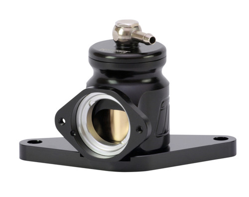 Turbosmart BOV Kompact Plumb Back for Subaru, black anodized body, side angle showing mounting flange, inlet bore and hose barb fitting on top