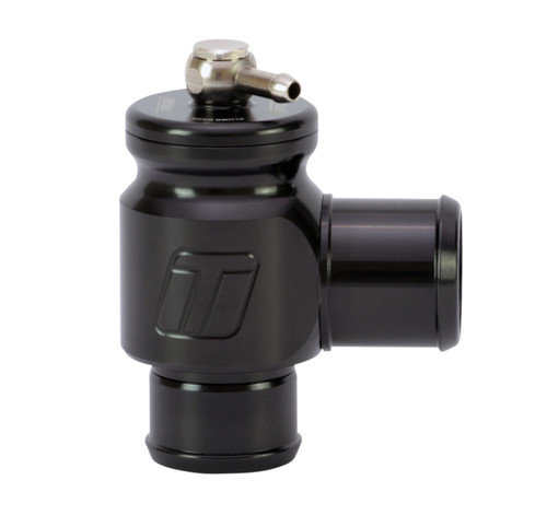 Turbosmart BOV Kompact Plumb Back 34mm, black anodized body with side and bottom ports, angled top fitting