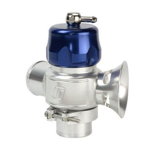 Turbosmart Dual Port Uni 38mm BOV in blue, side angle showing hose barb outlet, flange inlet, and clamp.