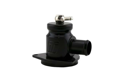 Turbosmart Kompact BOV for Hyundai Veloster Turbo, black anodized body, side outlet and barb fitting, angled view