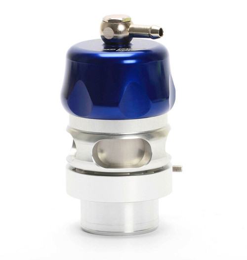 Turbosmart BOV Vee Port Pro in blue, front angle view showing brass hose barb fitting and vented aluminum body.