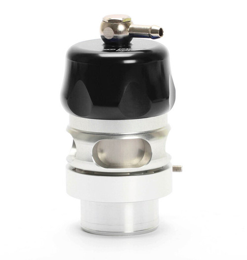 Turbosmart Vee Port Pro BOV in black, front angle showing hose barb fitting and side inlet port