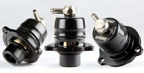 Turbosmart Kompact Dual Port BOV Shortie, three angles showing black housing and dual barb fittings
