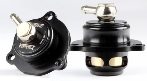 Turbosmart Kompact Shortie diverter valve, front and rear views showing hose barb and flange bolt holes