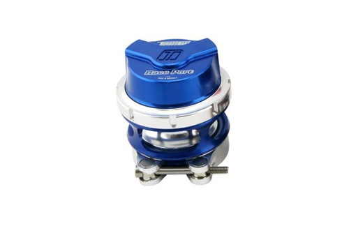Turbosmart BOV Race Port Gen V blue blow off valve, front angle view showing billet cap and clamp flange