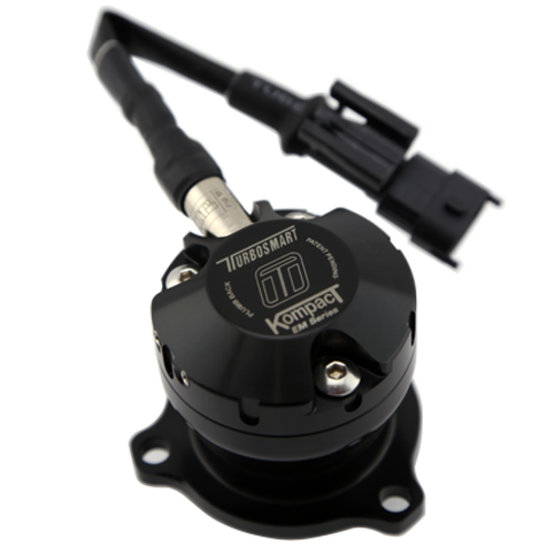 Turbosmart Kompact EM BOV for Jeep Wrangler JL 2.0 Turbo, top angle view with wiring harness connector