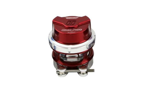 Turbosmart Race Port Gen-V blow off valve in red, side view showing cap, weld flange, and hardware