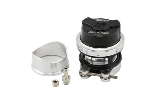 Turbosmart Race Port Gen V BOV in black, shown assembled beside its silver weld on flange and fittings.