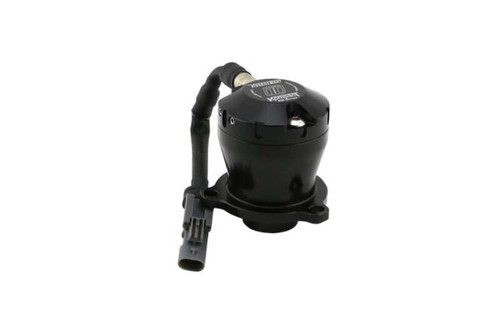 Turbosmart BOV Kompact EM Plumb Back VR11 shown at an angle, black valve body with electrical connector and hose fitting visible.