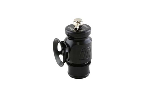 Turbosmart Kompact Supersonic BOV, black anodized body, side angle showing inlet flange and top adjuster