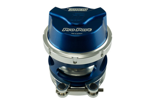 Turbosmart GenV 54mm ProPort blow off valve in blue, front angle view showing body and clamp ring
