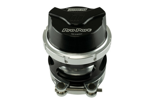 Turbosmart GenV 54mm ProPort blow off valve in black, front angle showing clamp band and hose fittings