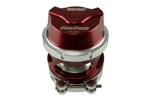 Turbosmart GenV 54mm ProPort BOV in red, front angle view showing top cap, clamp ring and base flange with fittings