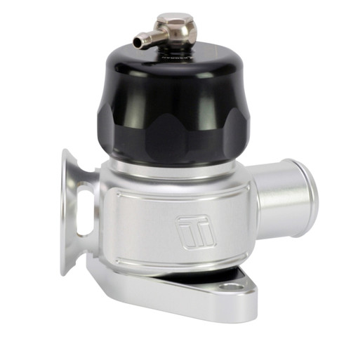 Turbosmart BOV Race Port V-Band SSBarrel, angled side view showing black cap, silver body and V-band flange