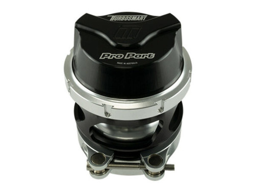 Turbosmart BOV ProPort GenV blow off valve in black, front angle view showing clamp band and V-band bolts
