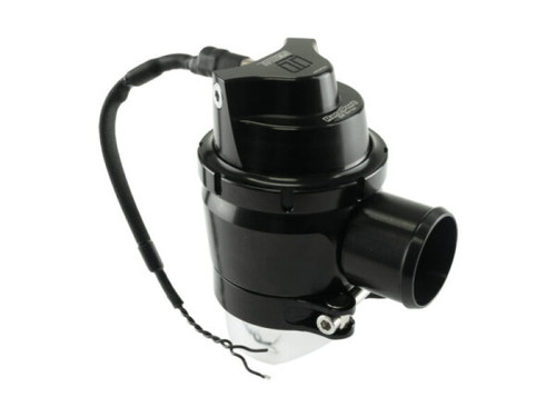 Turbosmart RacePort EM PlumBack GenV Sleeper BOV, angled view showing outlet port and wiring harness