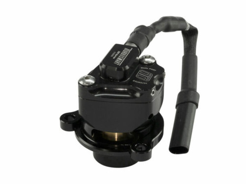 Turbosmart Kompact EM dual port VR33 BOV, angled view showing solenoid, ports, and mounting flange