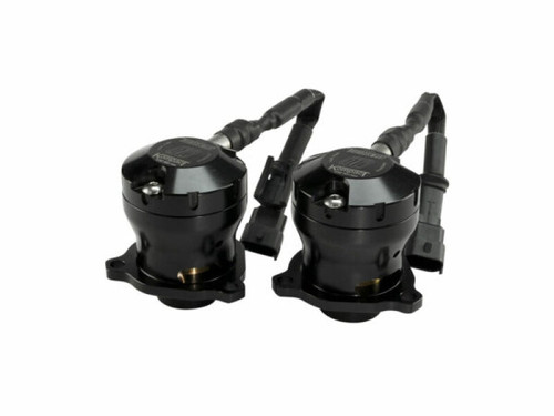 Turbosmart Kompact Dual Port VR31 BOV pair, front angle showing black valve bodies and connectors