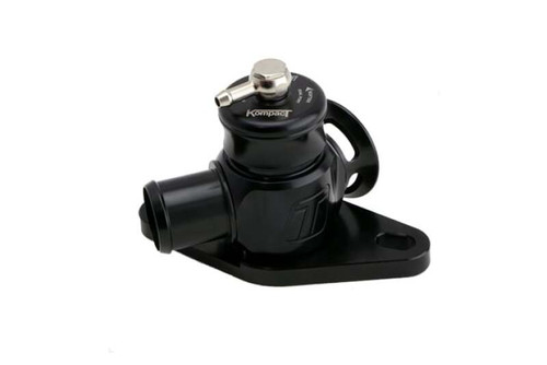 Turbosmart Kompact Dual Port BOV, angled view showing inlet, vent nipple and mounting flange, black finish