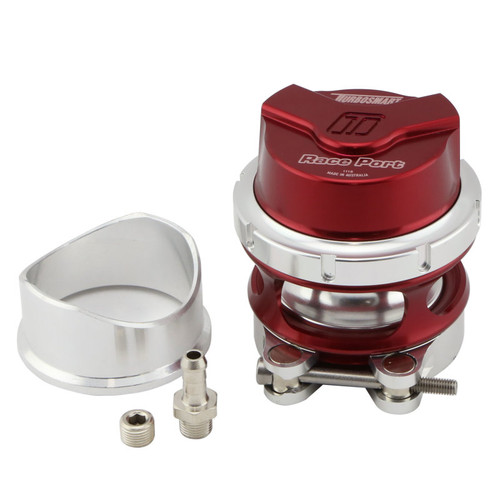 Turbosmart BOV Race Port Gen V in red, shown disassembled with silver weld collar, fittings, and clamp hardware.