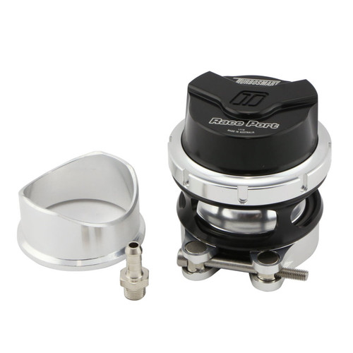 Turbosmart Gen V Race Port BOV in black, shown disassembled with weld on flange, valve body and clamp hardware.